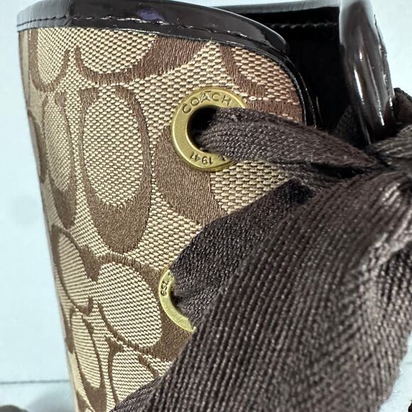Coach Tristee Tall Rain Boot Brown Signature Jacquard Equestrian Corset Lace 7B - Picture 6 of 11